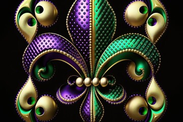 Mardi Gras beads in shades of green, gold, and purple, set against a purple and gold Fleur de lis pattern. Generative AI - obrazy, fototapety, plakaty