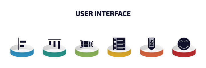 user interface infographic element with filled icons and 6 step or option. user interface icons such as object alignment, top alignment, crop perspective, film list, to do, joyful smile vector.