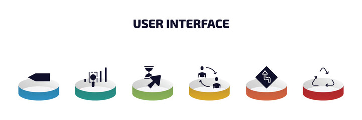 user interface infographic element with filled icons and 6 step or option. user interface icons such as blank left arrow, gap, wait cursor, exchange personel, left reverse curve, recycable vector. - obrazy, fototapety, plakaty