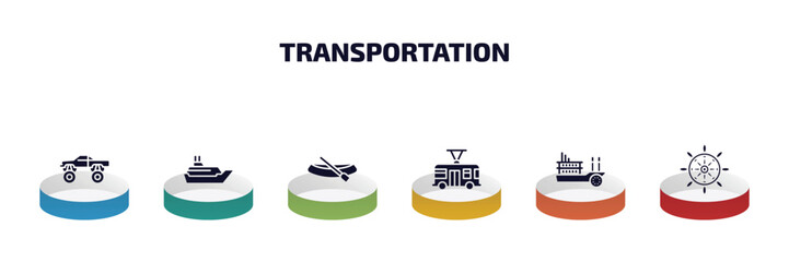 transportation infographic element with filled icons and 6 step or option. transportation icons such as monster truck, cruiser, dugout canoe, trolleybus, paddlewheeler, ship helm vector. - obrazy, fototapety, plakaty