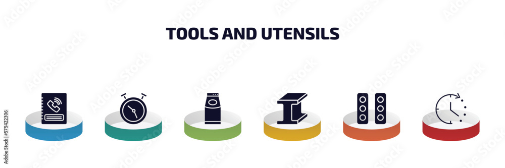 Poster tools and utensils infographic element with filled icons and 6 step or option. tools and utensils ic