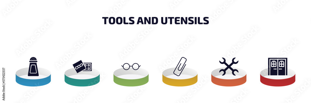 Poster tools and utensils infographic element with filled icons and 6 step or option. tools and utensils ic