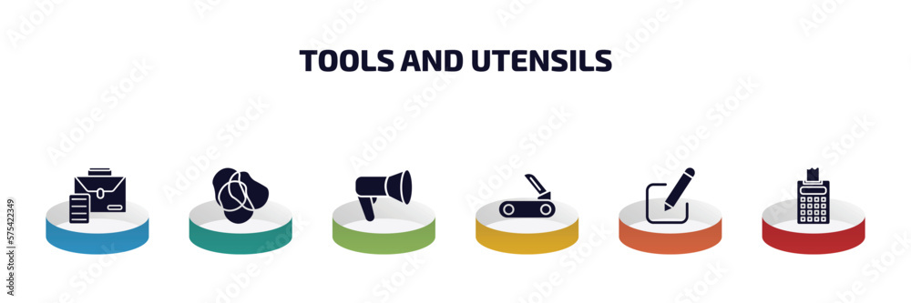 Poster tools and utensils infographic element with filled icons and 6 step or option. tools and utensils ic