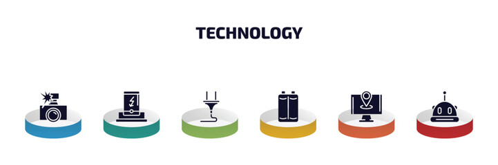 technology infographic element with filled icons and 6 step or option. technology icons such as photo camera flash, dock, power plug, baterry, holiday, science fiction vector.