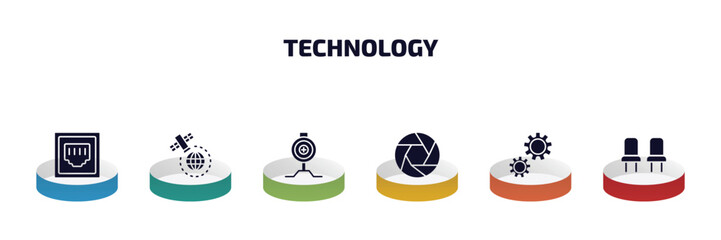 technology infographic element with filled icons and 6 step or option. technology icons such as telephone connector, satellite in orbit, pitching hine, camera shutter, services, chairs vector.