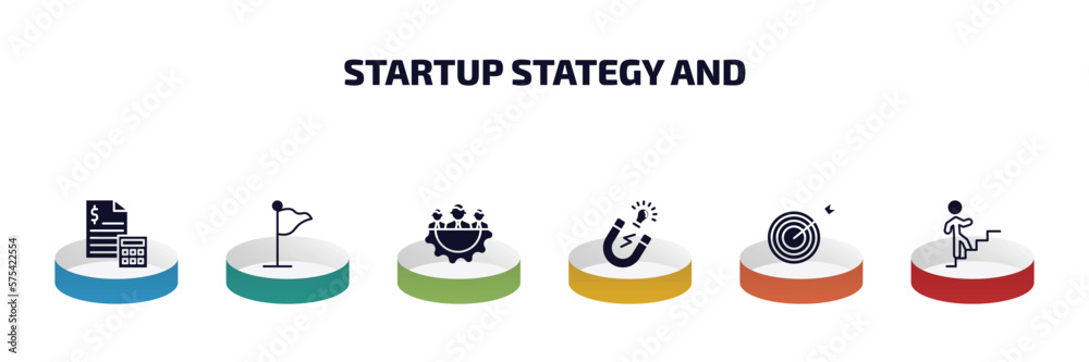 Poster startup stategy and infographic element with filled icons and 6 step or option. startup stategy and 