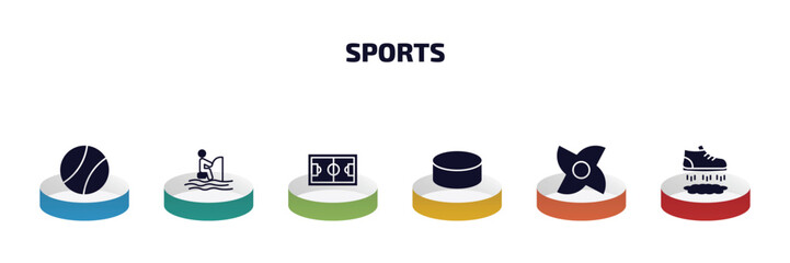sports infographic element with filled icons and 6 step or option. sports icons such as tennis sport ball, fisher fishing, football pitch, hockey puck, ninja shuriken, flying shoes vector.