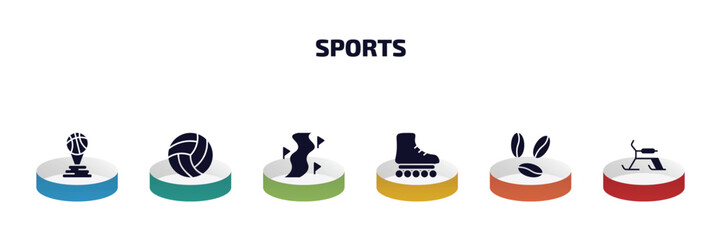 sports infographic element with filled icons and 6 step or option. sports icons such as basketball champion, volleyball ball, slalom, roller skate, brazilian, skibob vector.