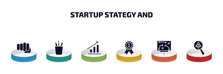 startup stategy and infographic element with filled icons and 6 step or option. startup stategy and icons such as fist, stationery, grow, first, strategy sketch, startup project search vector.