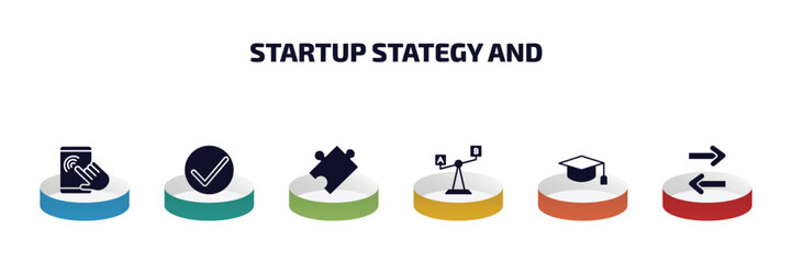 startup stategy and infographic element with filled icons and 6 step or option. startup stategy and icons such as user experience, success, puzzle, comparison, mortarboard, exchanging vector.