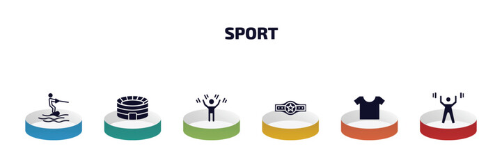 sport infographic element with filled icons and 6 step or option. sport icons such as wakeboarding, estadio, man lifting weight, boxer with belt, short sleeves, weightlifter vector.