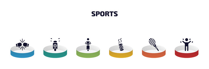 sports infographic element with filled icons and 6 step or option. sports icons such as two boxing gloves, motor sports, motorbike riding, drift car, squash, excersice vector.