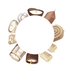 Watercolor round frame of modern scented candles of soy and coconut wax, essential oils, craft trendy candles. Hand-drawn illustration isolated on white background for aromatherapy, home, meditation