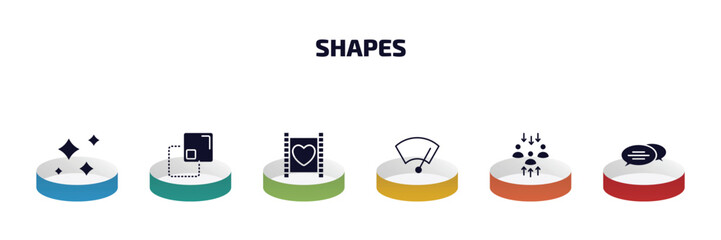 shapes infographic element with filled icons and 6 step or option. shapes icons such as morning star, minus front, film strip with heart, winshield wiper, assembly area, oval speech bubble vector.