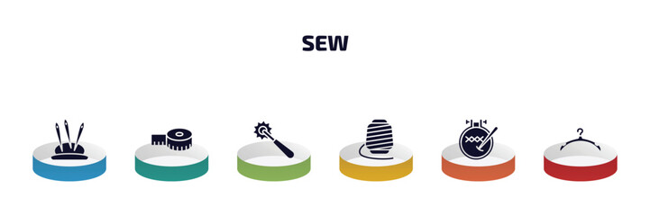 sew infographic element with filled icons and 6 step or option. sew icons such as pin holder, tape, overstitch, spool, embroidery hoop, clothes hanger vector.