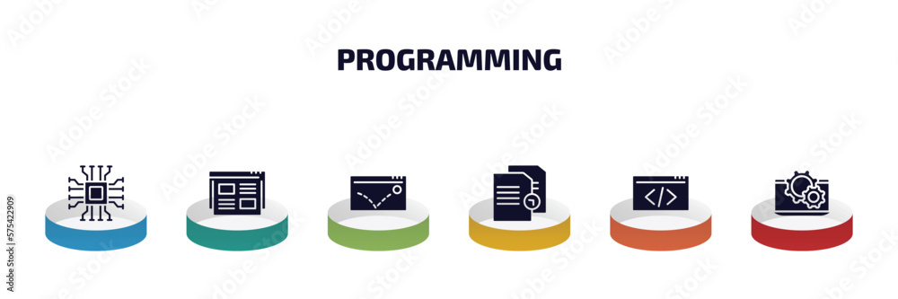 Poster programming infographic element with filled icons and 6 step or option. programming icons such as ha