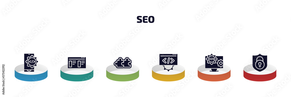 Wall mural seo infographic element with filled icons and 6 step or option. seo icons such as mobile development