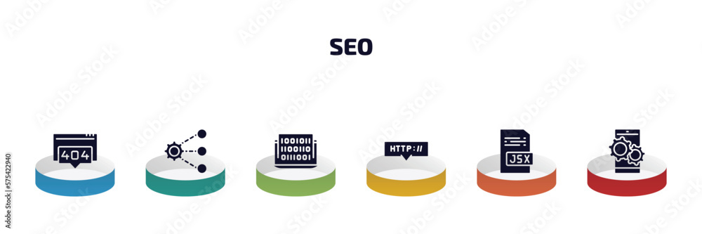 Poster seo infographic element with filled icons and 6 step or option. seo icons such as 404 error, sharing