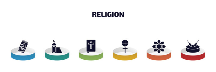 religion infographic element with filled icons and 6 step or option. religion icons such as islamic praying carpet, minbar, gospel, gticism, agticism, eyd drum vector.