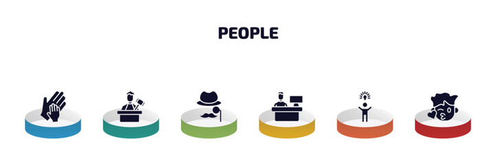 people infographic element with filled icons and 6 step or option. people icons such as hand of an adult, judge with hammer, sir, assembler, man with an idea, kiss smile vector.