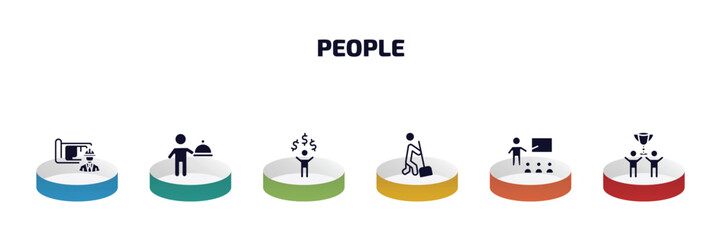 people infographic element with filled icons and 6 step or option. people icons such as architect, cooker with tray, man with money, sweeping person, teacher and students, succes team vector.
