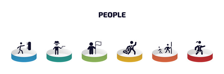 people infographic element with filled icons and 6 step or option. people icons such as man throwing a dart, criminal heist, man holding a flag, businessman dancing, hide and seek, scholar girl