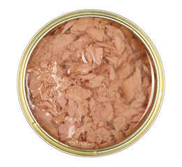  Fresh tuna fish pieces cooked oil  in tin can isolated on white, top view