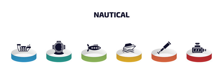 nautical infographic element with filled icons and 6 step or option. nautical icons such as oil tanker ship, aqualung, submarine, cruise ship, nautical monocular, ship engine vector.