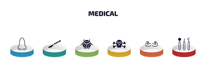 medical infographic element with filled icons and 6 step or option. medical icons such as e, scalpel, biological warning, dead, strong, dentist tool vector.
