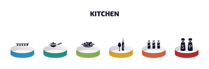 Obraz premium kitchen infographic element with filled icons and 6 step or option. kitchen icons such as ice cube tray, skillet, paella, wine bottle, spice jar, salt and pepper vector.