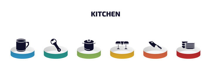 kitchen infographic element with filled icons and 6 step or option. kitchen icons such as mug, bottle opener, saucepan, tablecloth, cleaver, dishes vector.