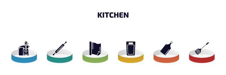 kitchen infographic element with filled icons and 6 step or option. kitchen icons such as juicer, rolling pin, aluminum foil, kitchen board, cutting board, spatula vector.