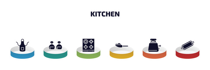 kitchen infographic element with filled icons and 6 step or option. kitchen icons such as apron, seasoning, stove, scoop, toaster, tray vector.