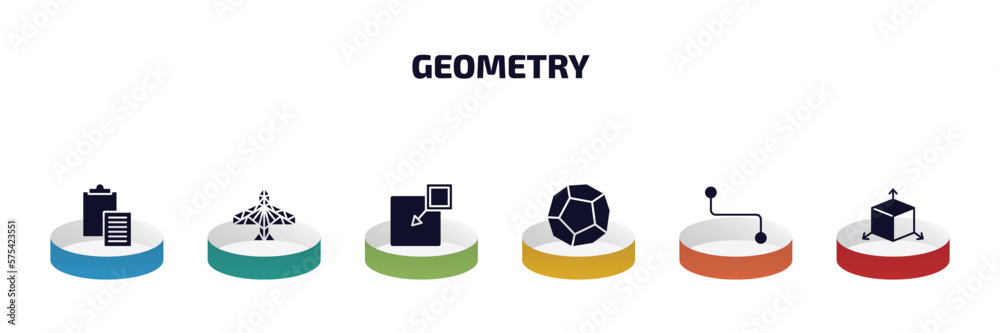 Poster geometry infographic element with filled icons and 6 step or option. geometry icons such as paste cl