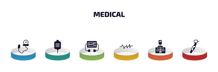 medical infographic element with filled icons and 6 step or option. medical icons such as tonometer, salt, defibrillator, pulse, x ray, dental drill vector.