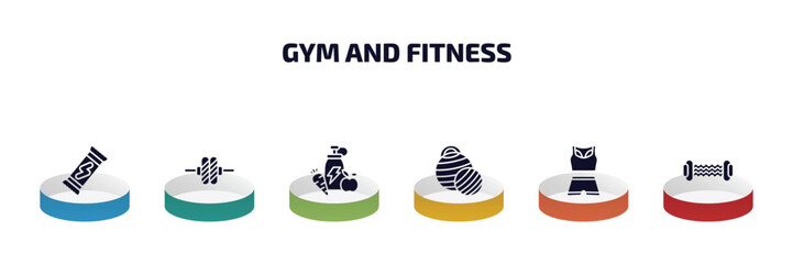 gym and fitness infographic element with filled icons and 6 step or option. gym and fitness icons such as energy snack, roller, fitness food, pilates ball, female sportwear, resistance vector.