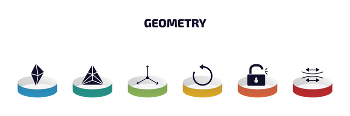 geometry infographic element with filled icons and 6 step or option. geometry icons such as octahedron, triangle, axis, rotate, unlock, stretch vector.