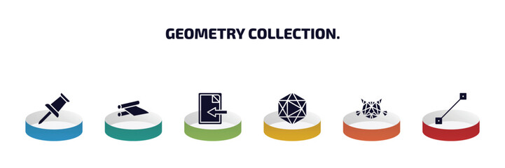 geometry collection. infographic element with filled icons and 6 step or option. geometry collection. icons such as push pin, off, import, icosahedron, polygonal cat, lengthen vector.
