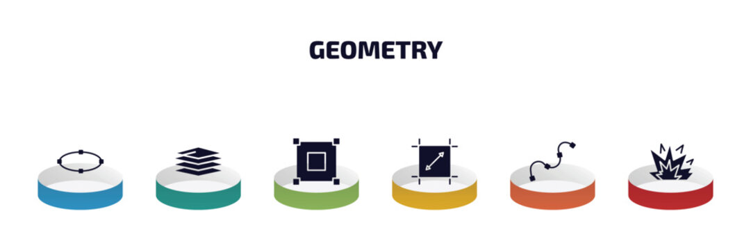 geometry infographic element with filled icons and 6 step or option. geometry icons such as ellipse, layer, bounding box, dimensions, spline, explode vector.