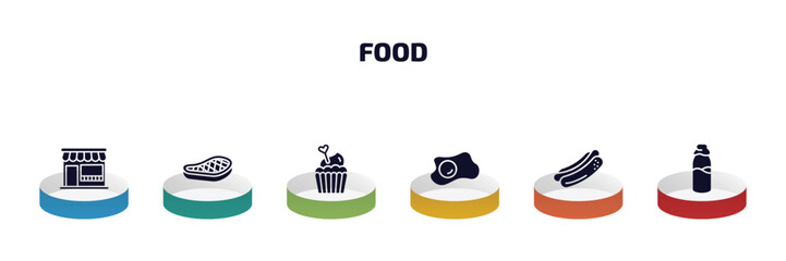 food infographic element with filled icons and 6 step or option. food icons such as fast food restaurant, foods, romantic muffin, two eggs, hot dog with mustard, milky vector.