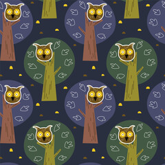 Seamless pattern with owls on the trees in the forest in scandinavian style. Childish print for baby clothes and interior.
