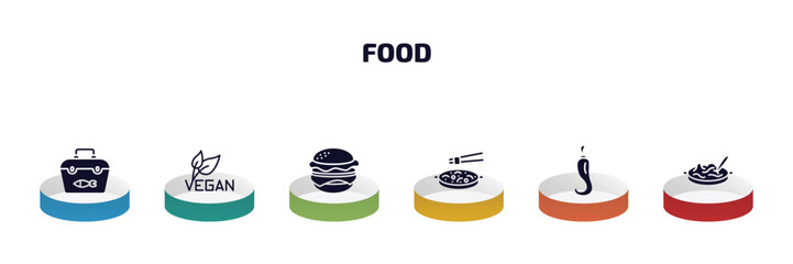 food infographic element with filled icons and 6 step or option. food icons such as fishing tool, vegan, burguer, chinese food, chili pepper, noodle soup vector.