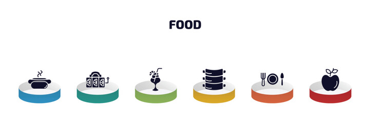 food infographic element with filled icons and 6 step or option. food icons such as hotdog and bread, slot, tropical drink, ribs, eatery, leaf vector.