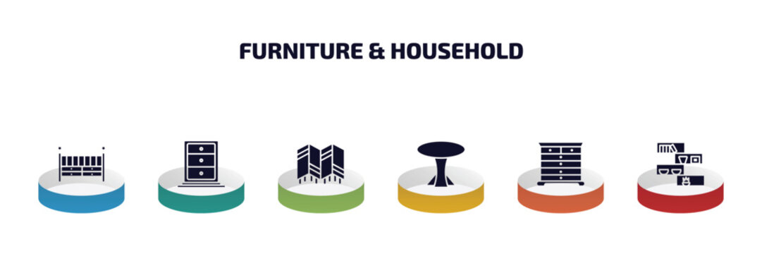 Furniture & Household Infographic Element With Filled Icons And 6 Step Or Option. Furniture & Household Icons Such As Crib, Cabinet, Room Divider, Table, Chest Of Drawers, Shelf Vector.