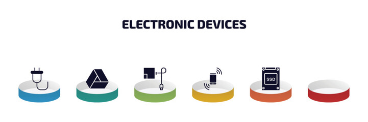 electronic devices infographic element with filled icons and 6 step or option. electronic devices icons such as plug, drive, magsafe, lisa, cell phone, ssd vector.