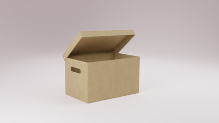 3d render side view open cardboard box illustration on isolated white background
