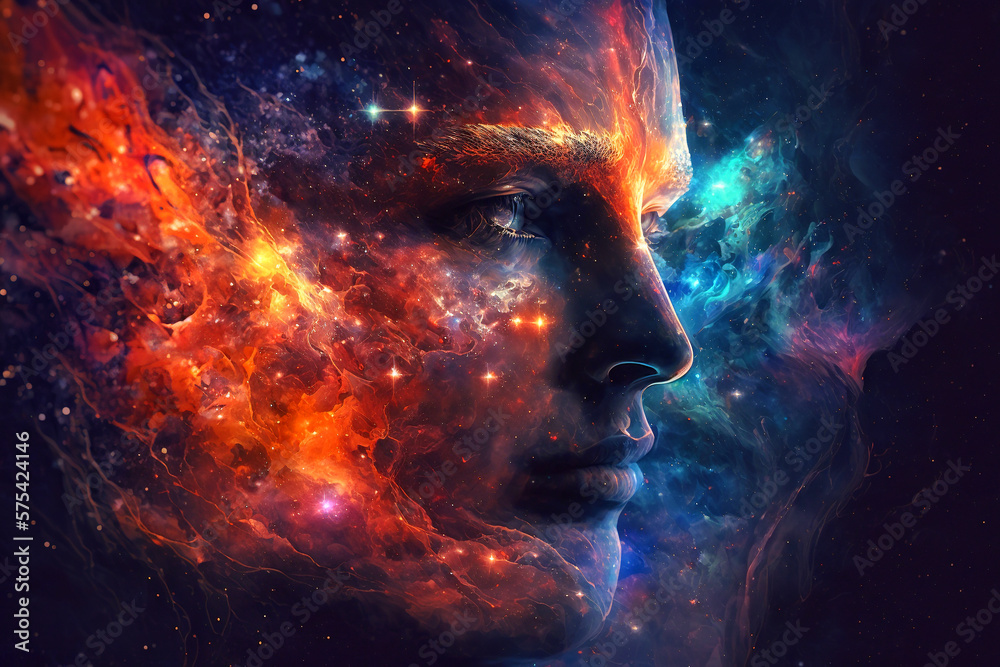 Wall mural human head blended with a space nebula mind - ai generative no one recognizable