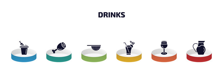 drinks infographic element with filled icons and 6 step or option. drinks icons such as ice bucket and bottle, ham, sieve, bloody mary, glass of wine, water jug vector.