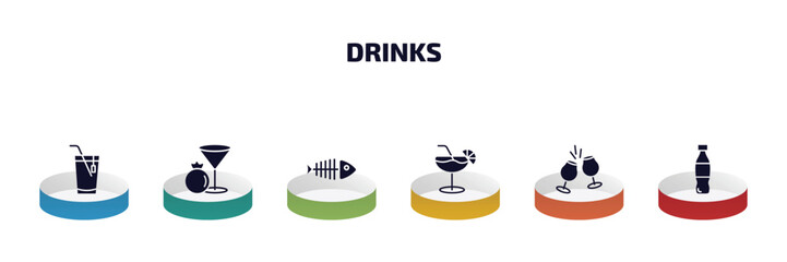 drinks infographic element with filled icons and 6 step or option. drinks icons such as ice tea, pomegranate martini, fish skeleton, daiquiri, toast, vector.