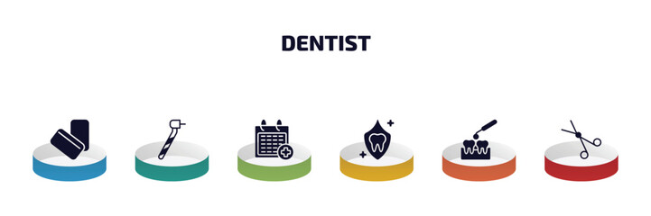 dentist infographic element with filled icons and 6 step or option. dentist icons such as mint gum, dentists drill tool, medical appointment, dental protection, interproximal, dentist scissors